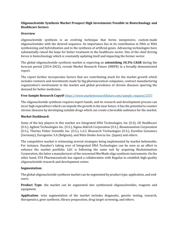 Oligonucleotide Synthesis Market