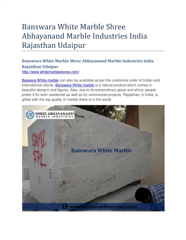 Banswara White Marble Shree Abhayanand Marble Industries India Rajasthan Udaipur