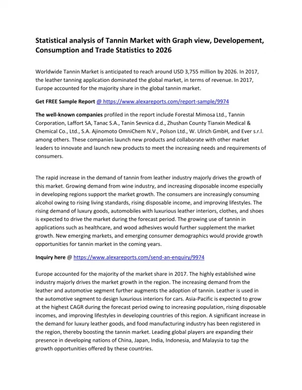 Tannin Market 2019 | Opportunities, Huge Growth, Restraints,& Industry Inflation 2026