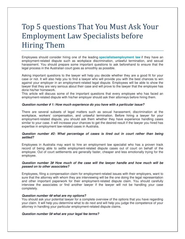 Top 5 questions That You Must Ask Your Employment Law Specialists before Hiring Them