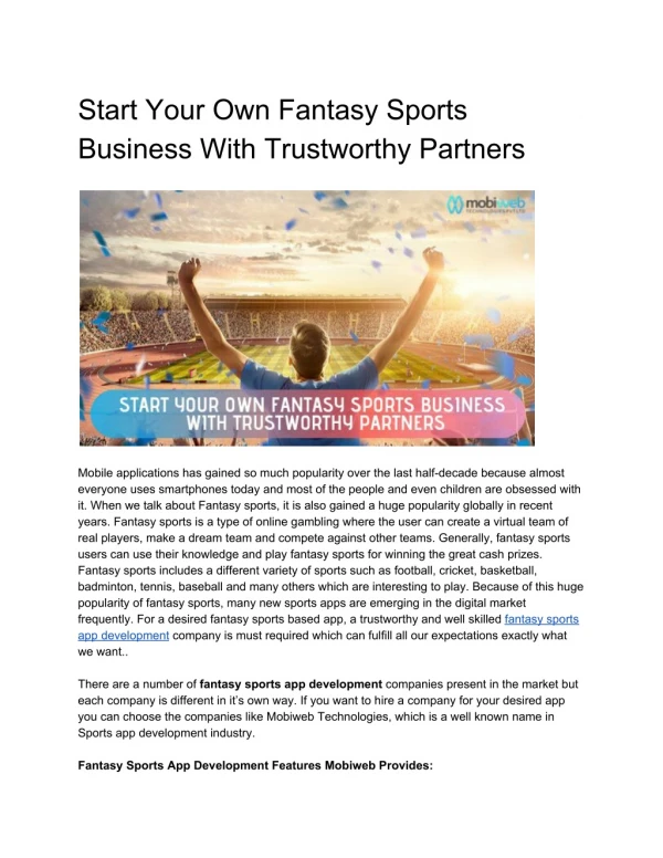 Start Your Own Fantasy Sports Business With Trustworthy Partners