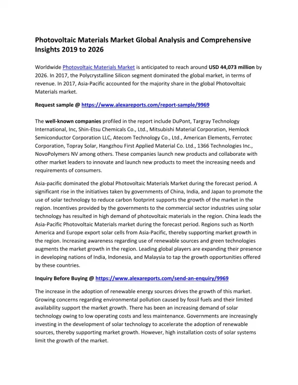 Economic Impact On Photovoltaic Materials Market, Analysis, Top players, Marketing Strategy, and Forecast To 2026