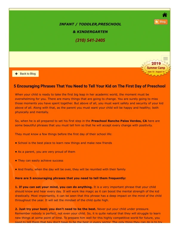 Preschool Rancho Palos Verdes, CA - 5 Encouraging Phrases to Tell Your Kid on the First Day of Preschool