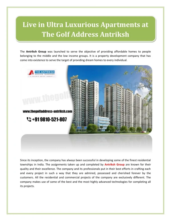 Live in Ultra Luxurious Apartments at The Golf Address Antriksh