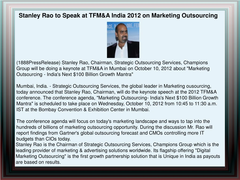 stanley rao to speak at tfm a india 2012
