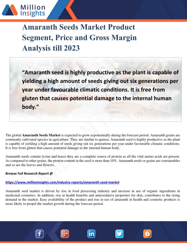 Amaranth Seeds Market Product Segment, Price and Gross Margin Analysis till 2023