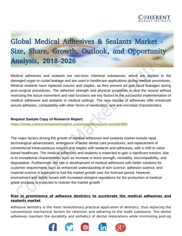 Drivers is Responsible to for Increasing Medical Adhesives and Sealants Market Share, Forecast 2026