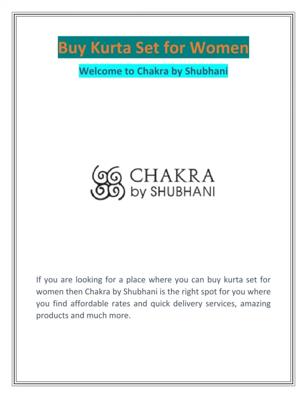 Buy Kurta Set for Women | chakrabyshubhani