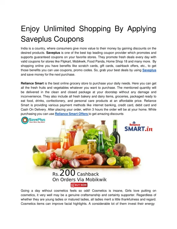 Enjoy Unlimited Shopping By Applying Saveplus Coupons