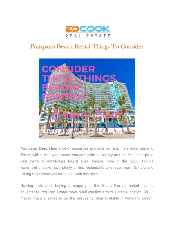 Pompano Beach Rental Things To Consider
