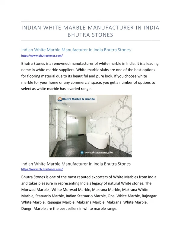 Indian White Marble Manufacturer in India Bhutra Stones