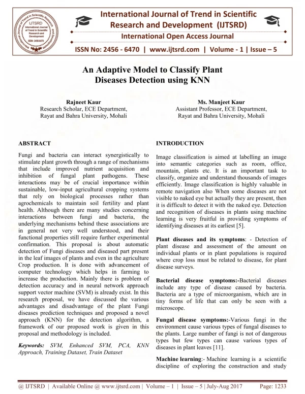 An Adaptive Model to Classify Plant Diseases Detection using KNN