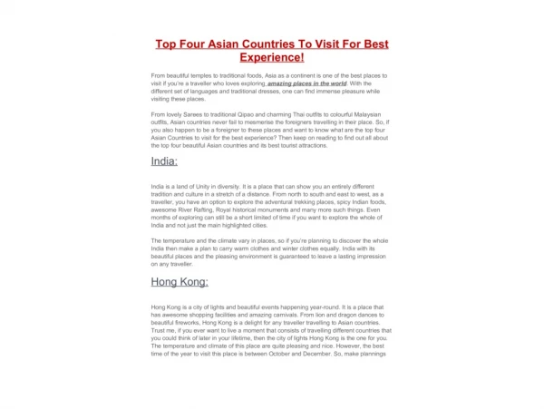 Top Four Asian Countries To Visit For Best Experience!