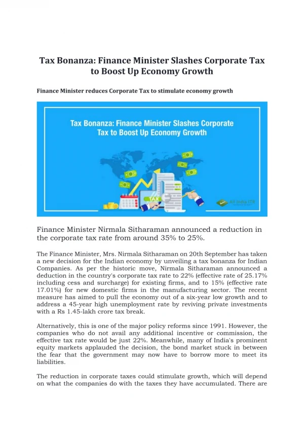 Finance Minister reduces Corporate Tax to stimulate economy growth