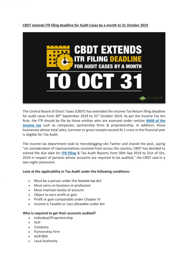 CBDT extends ITR filing deadline for Audit Cases by a month to 31 October 2019