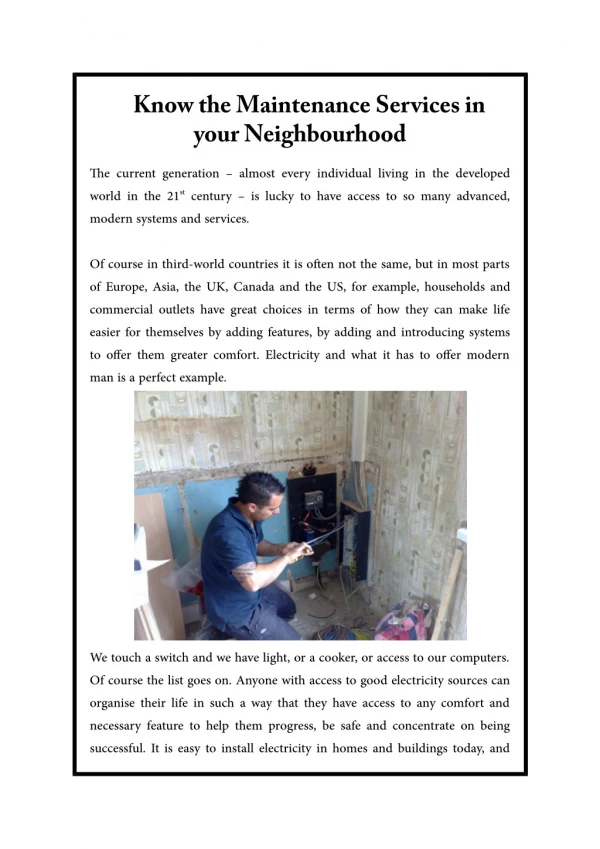 Know the Maintenance Services in your Neighbourhood