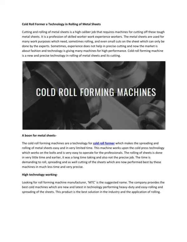 Cold Roll Former a Processing in Rolling of Metal Sheets