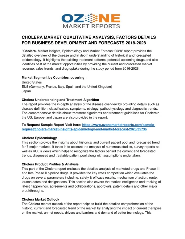 CHOLERA MARKET QUALITATIVE ANALYSIS, FACTORS DETAILS FOR BUSINESS DEVELOPMENT AND FORECASTS 2016-2028