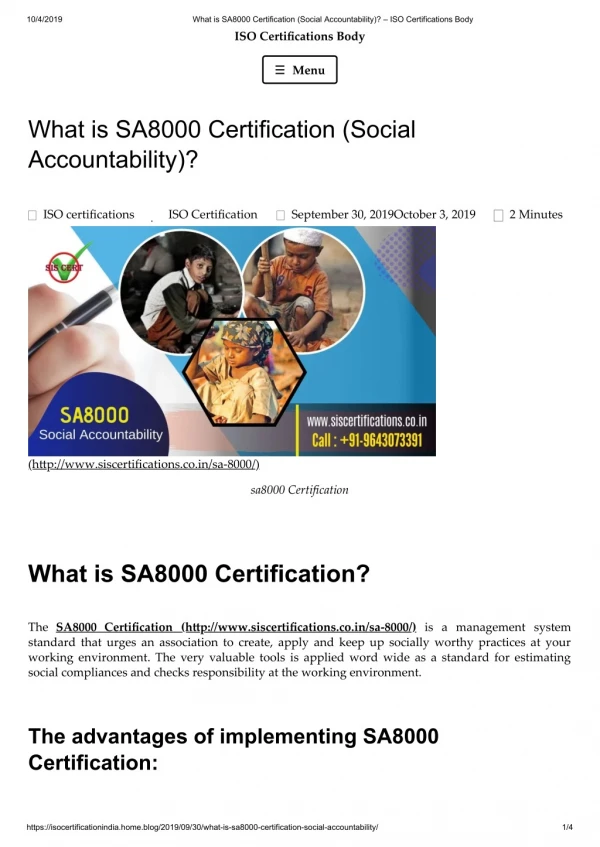 What is SA8000 Certification ? Explain SA8000 implement & advantages.
