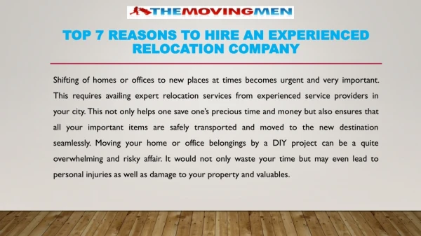 Top 7 Reasons to Hire an Experienced Relocation Company