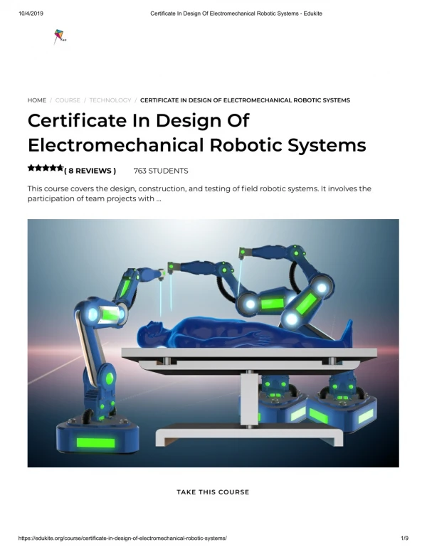 Certificate In Design Of Electromechanical Robotic Systems - Edukite