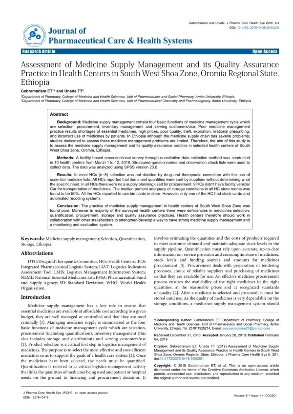 Assessment of Medicine Supply Management and its Quality Assurance Practice in Health Centers in South West Shoa Zone, O