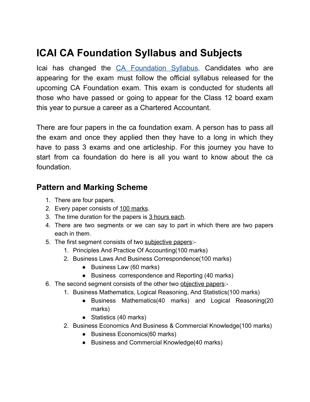 icai ca foundation syllabus and subjects