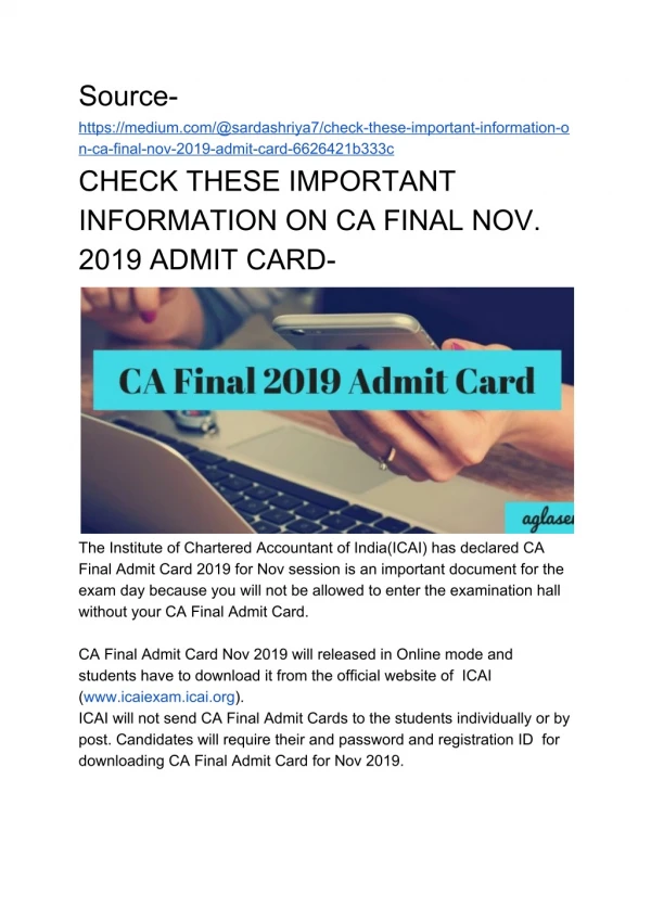 CHECK THESE IMPORTANT INFORMATION ON CA FINAL NOV. 2019 ADMIT CARD-