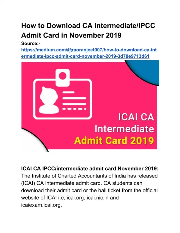 Steps to Download CA Intermediate/IPCC Admit Card in November 2019