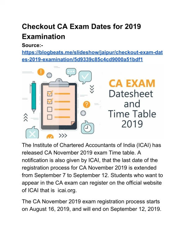 Check CA Exam Time Table for upcoming exam nov 2019