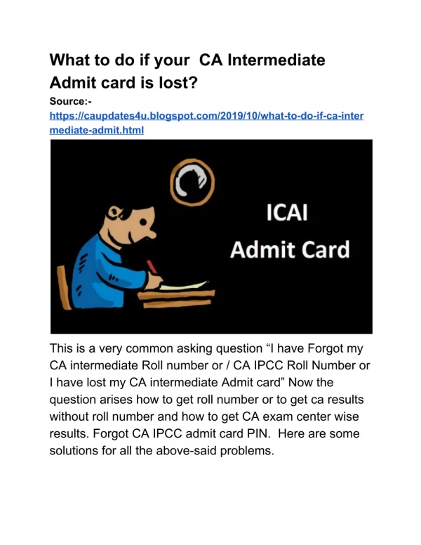 What to do if candidate's CA Intermediate Admit card is lost?