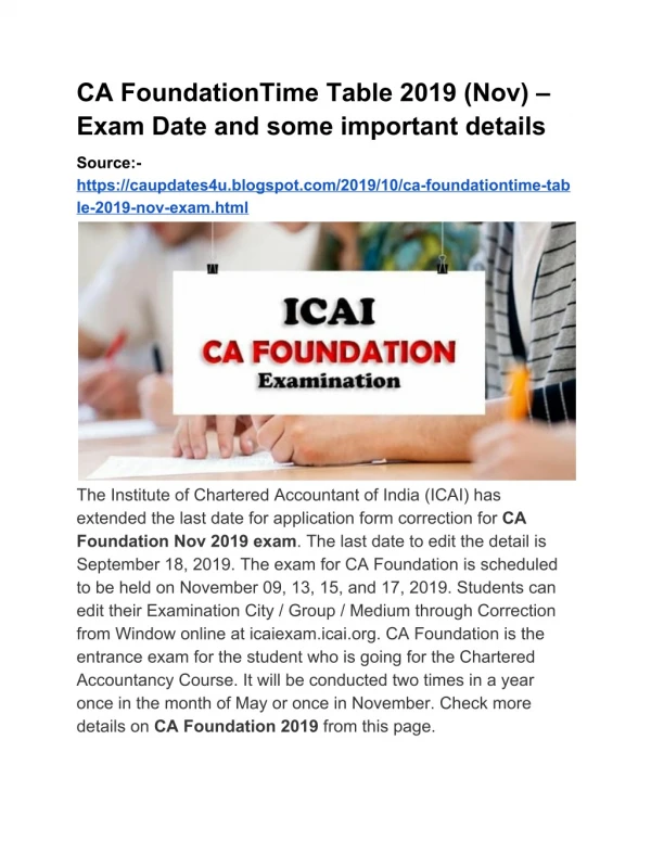 CA FoundationTime Table 2019 (Nov) – Exam Date and some important details