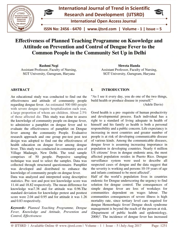 Effectiveness of Planned Teaching Programme on Knowledge and Attitude on Prevention and Control of Dengue Fever to the C