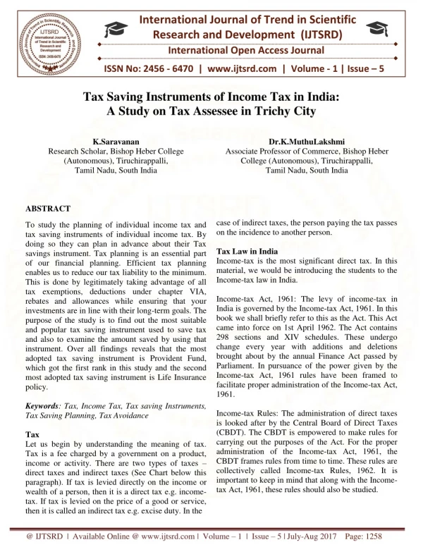 Tax Saving Instruments of Income Tax in India A Study on Tax Assessee in Trichy City