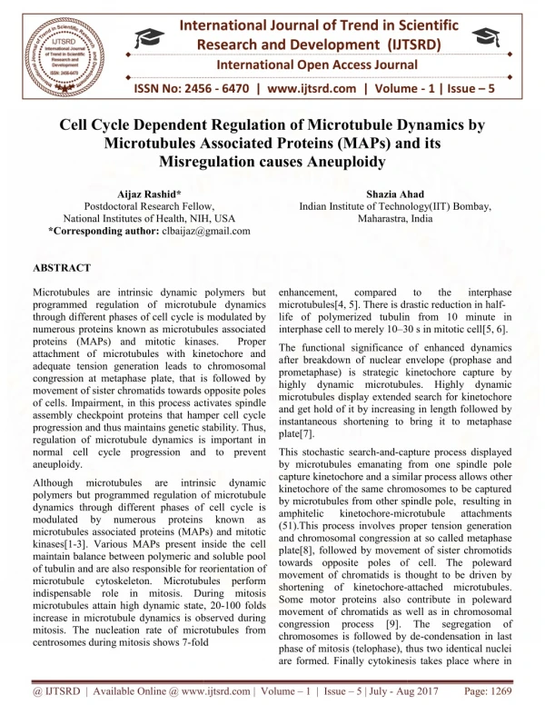 Cell Cycle Dependent Regulation of Microtubule Dynamics by Microtubules Associated Proteins MAPs and its Misregulation c