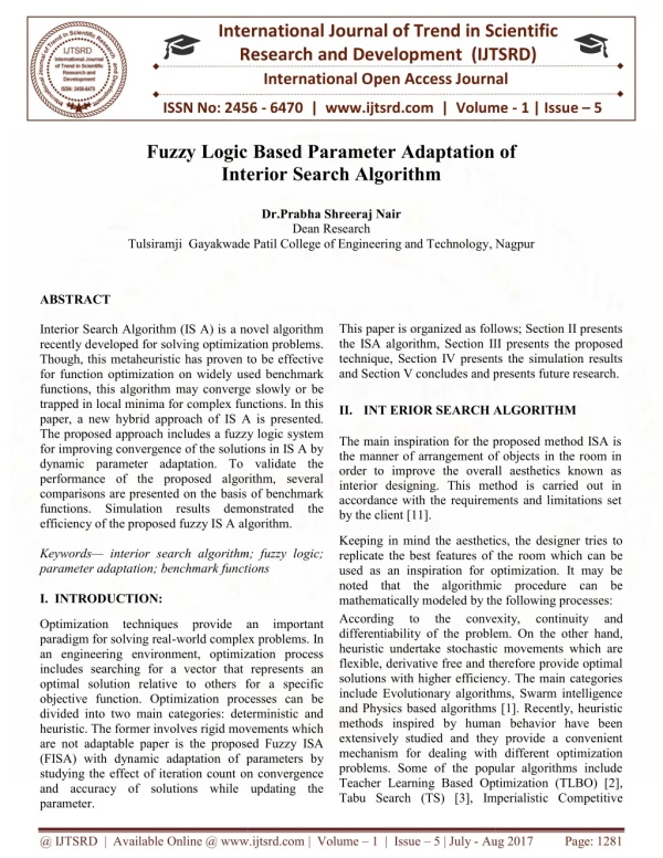 Fuzzy Logic Based Parameter Adaptation of Interior Search Algorithm