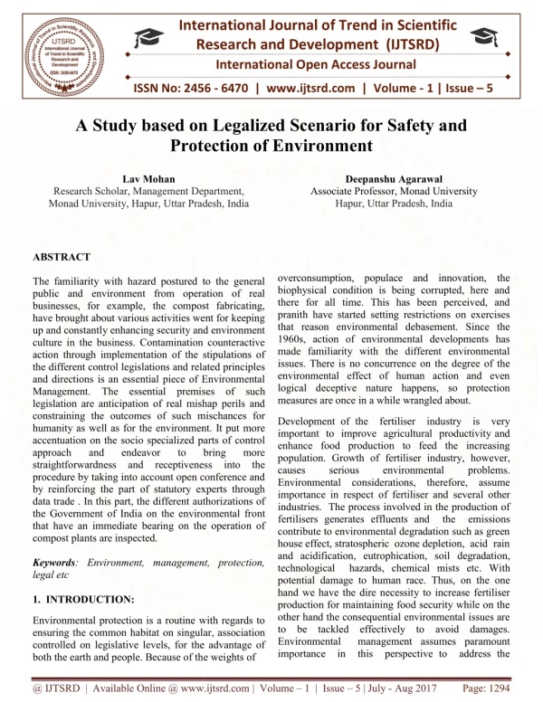 A Study based on Legalized Scenario for Safety and Protection of Environment