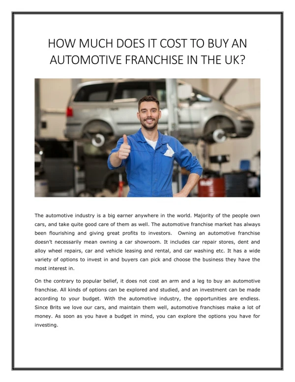 How Much Does It Cost to Buy an Automotive Franchise in UK