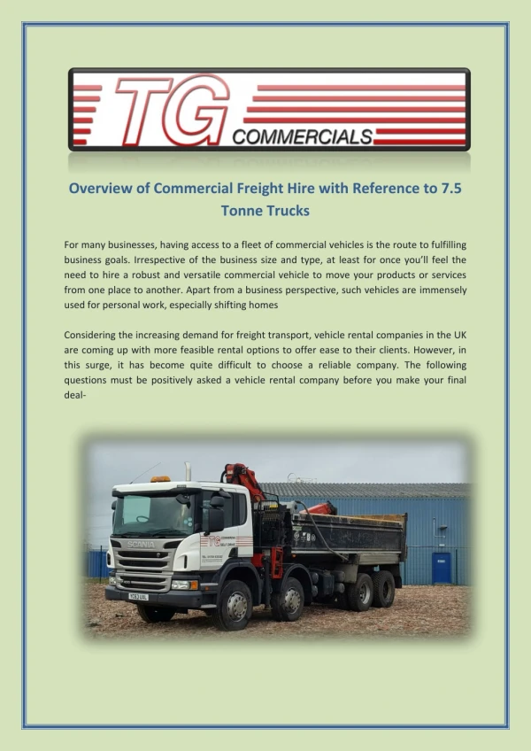 Overview of Commercial Freight Hire with Reference to 7.5 Tonne Trucks