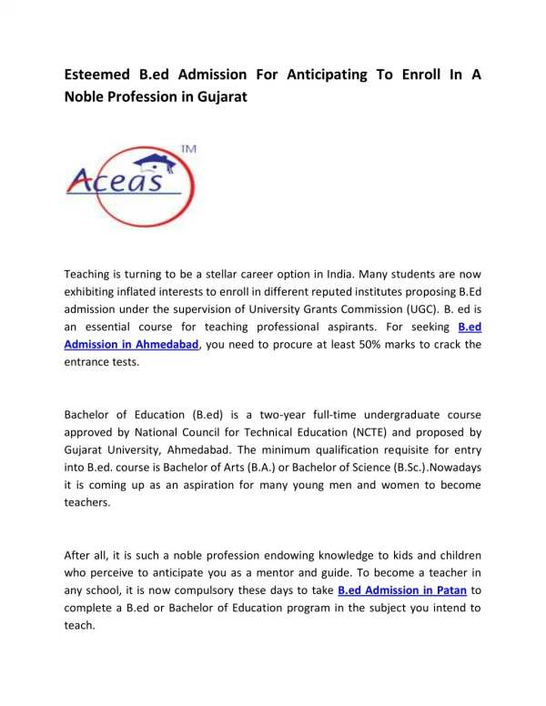 Esteemed B.ed Admission For Anticipating To Enroll In A Noble Profession in Gujarat