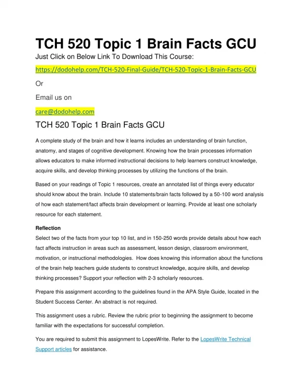 TCH 520 Topic 1 Brain Facts GCU