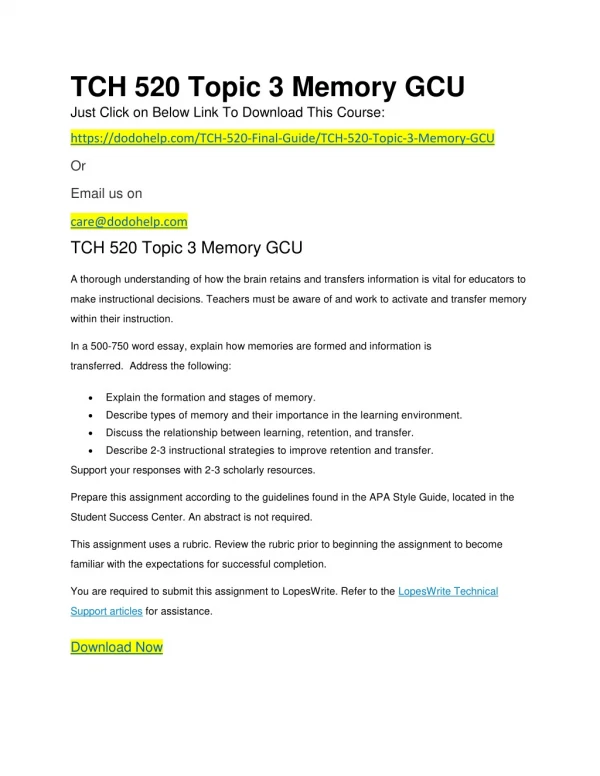 TCH 520 Topic 3 Memory GCU