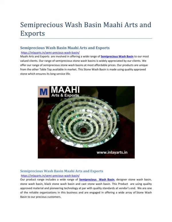 Semiprecious Wash Basin Maahi Arts and Exports