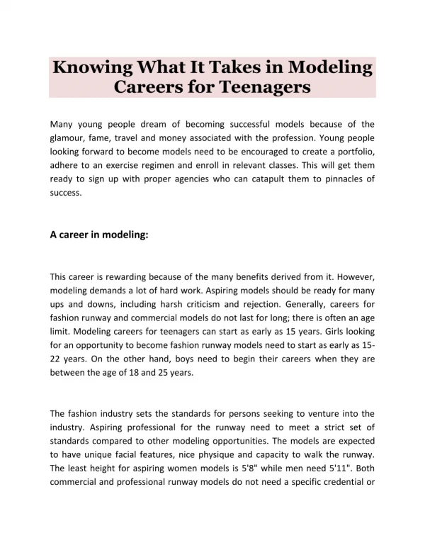 Knowing What It Takes in Modeling Careers for Teenagers