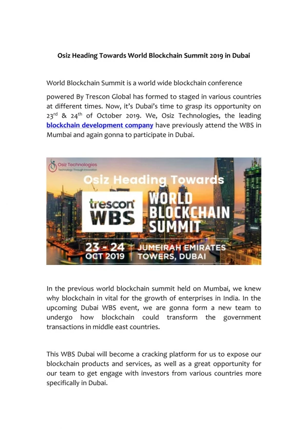 Osiz Heading Towards World Blockchain Summit 2019 in Dubai