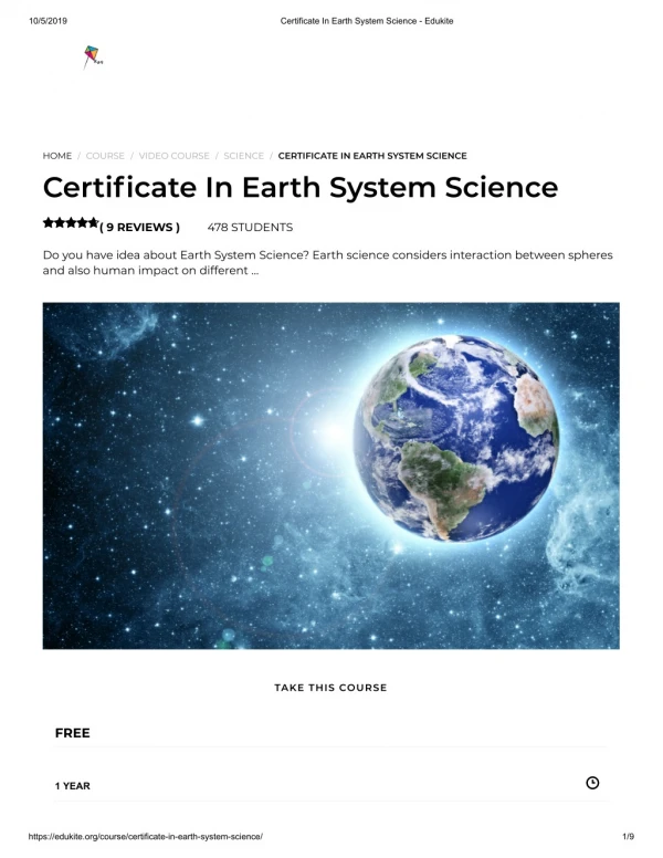 Certificate In Earth System Science - Edukite