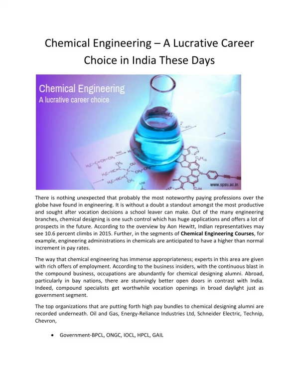 Chemical Engineering – A Lucrative Career Choice in India These Days
