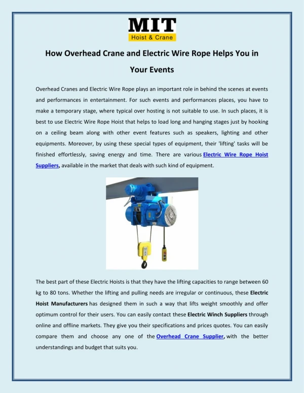 How Overhead Crane and Electric Wire Rope Helps You in Your Events