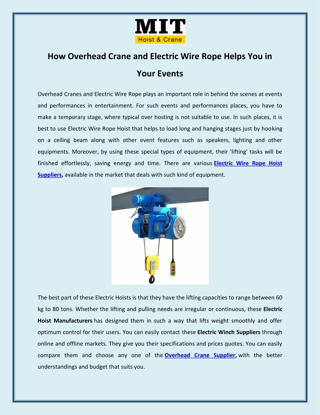 how overhead crane and electric wire rope helps