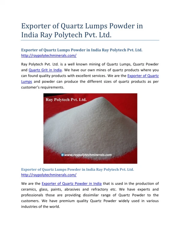 Exporter of Quartz Lumps Powder in India Ray Polytech Pvt. Ltd.